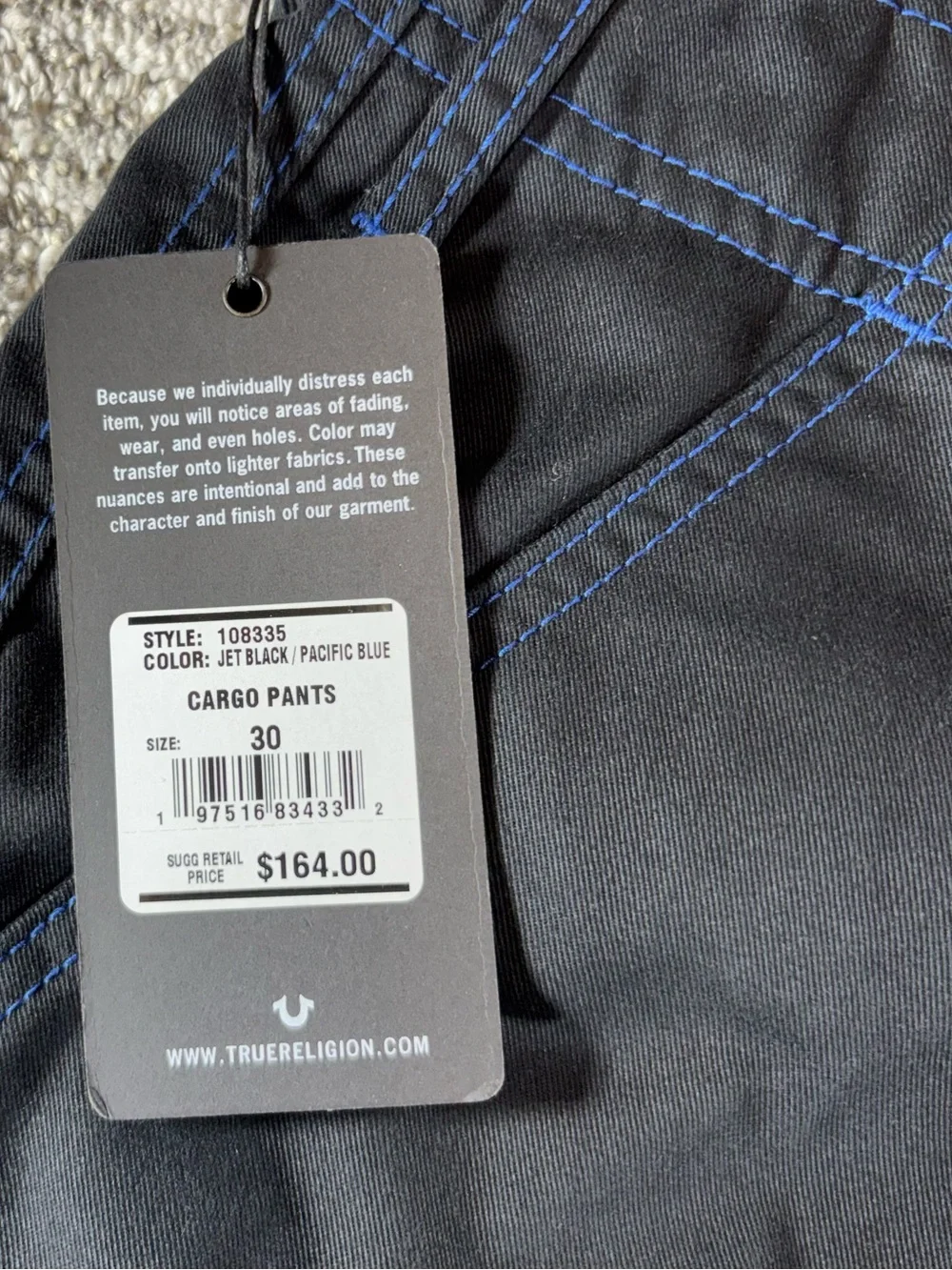 NWT True Religion Men’s Size 30 Jet Black/Pacific Blue Cargo Pants